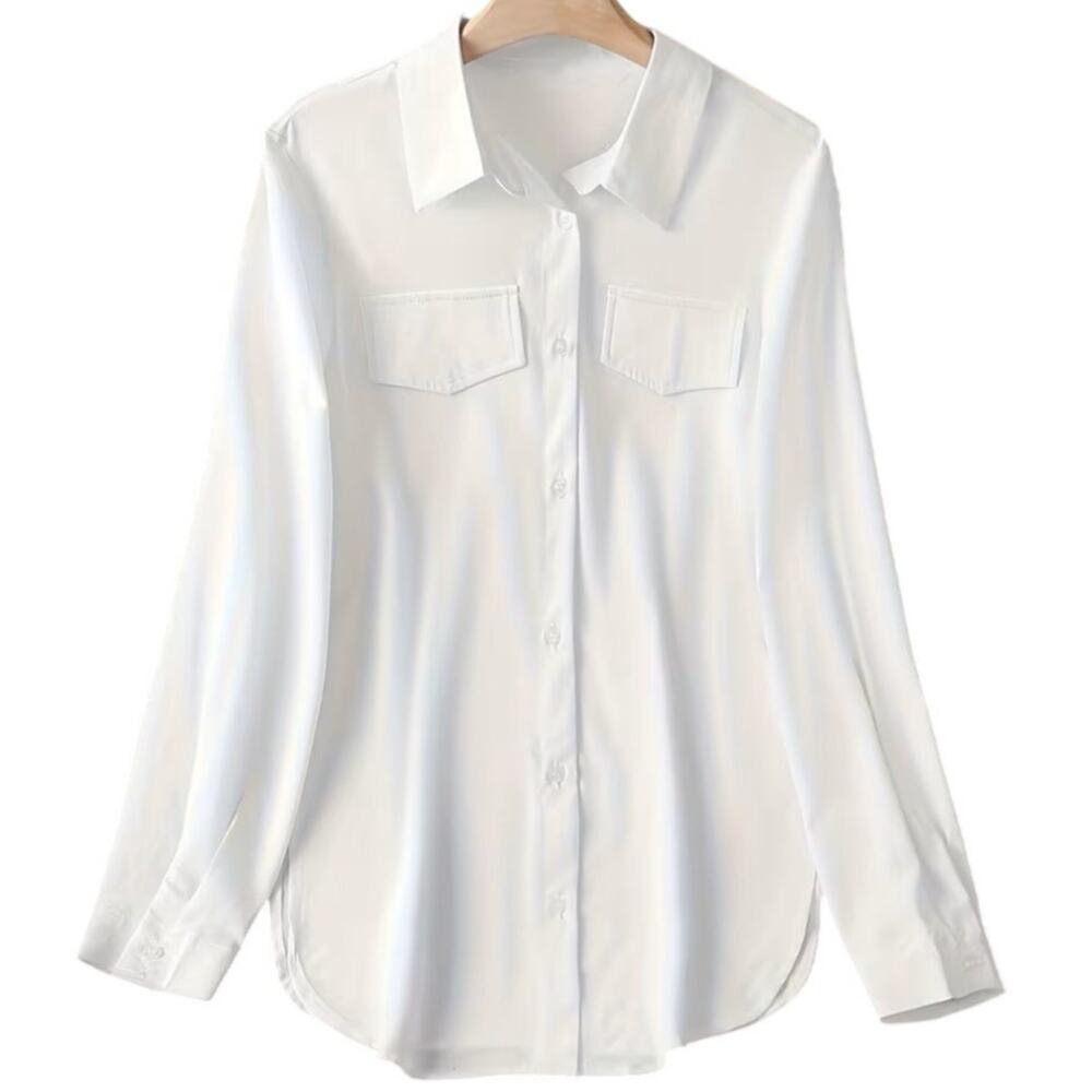 BRAND NEW ~ Women's White Flowy Button Up Front Pockets Hi-Lo Blouse ~ LARGE